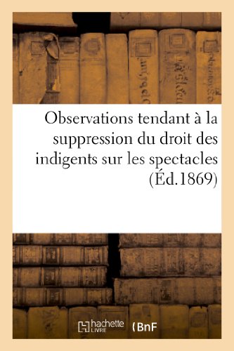 Observations Tendant a la Suppression du Droit des Indigents Sur les Spectacles  [Paperback]