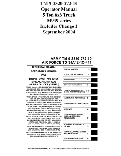 Tm 9-2320-272-10 Operator Manual 5 Ton 6x6 Truck M939 Series Includes Change 2 S