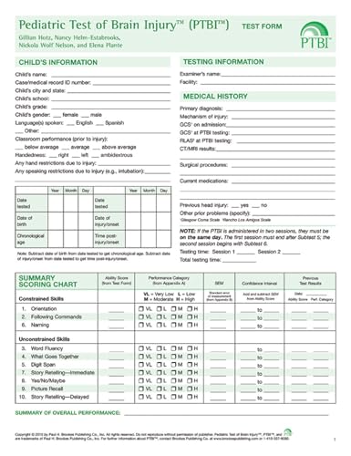 Pediatric Test of Brain Injury&#8482; (PTBI&#8482; ) Test Form [Paperback]