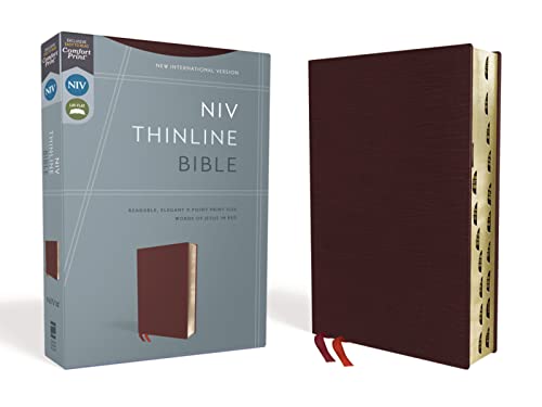 NIV, Thinline Bible, Bonded Leather, Burgundy, Red Letter, Thumb Indexed, Comfor [Leather / fine bindi]