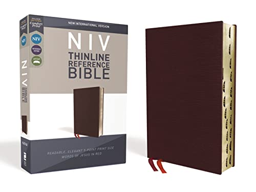 NIV, Thinline Reference Bible, Bonded Leather, Burgundy, Red Letter, Thumb Index [Leather / fine bindi]